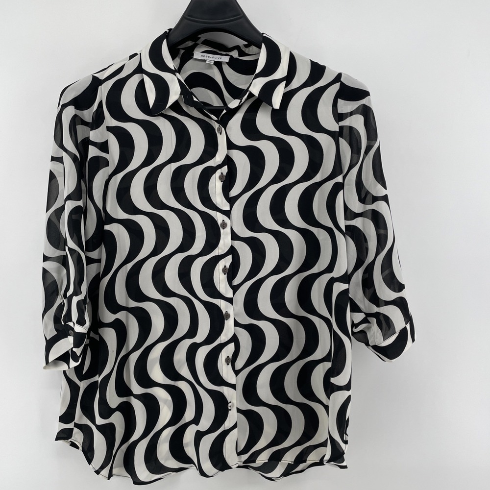 Rose + Olive Button Front Top Women's 1X Black White Artsy Boho Funky *Read*